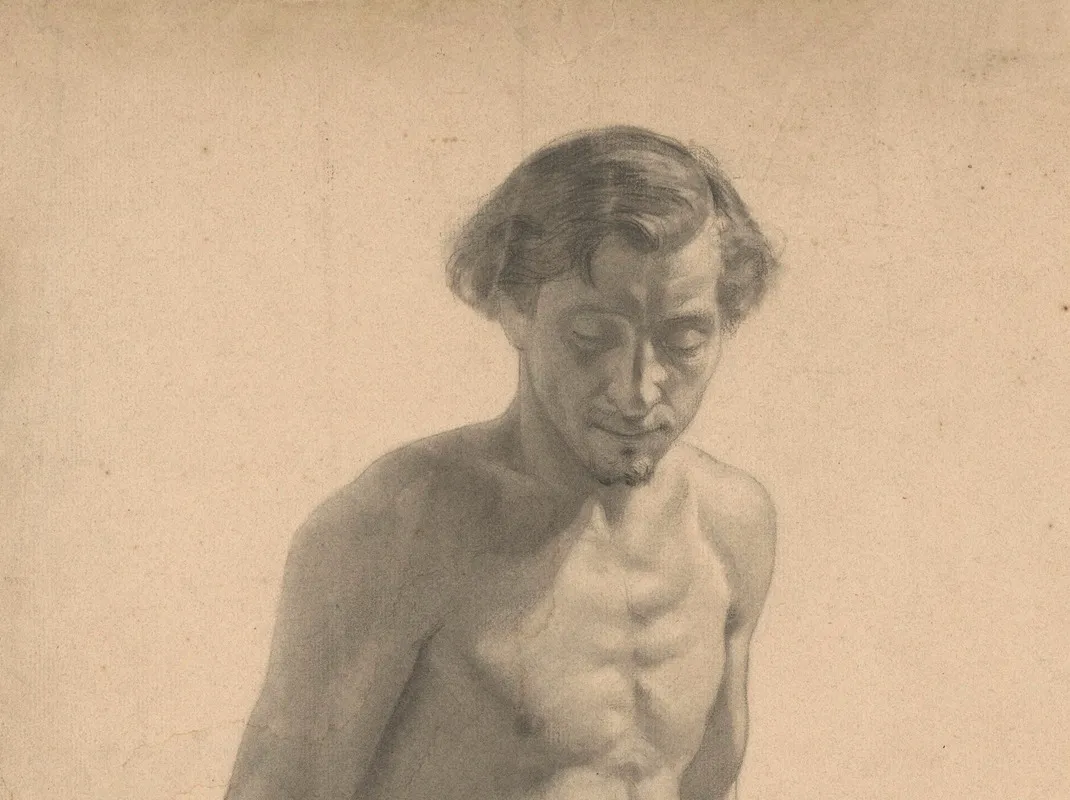Mannelijk Naakt Ten Halven Lijve Neerziend