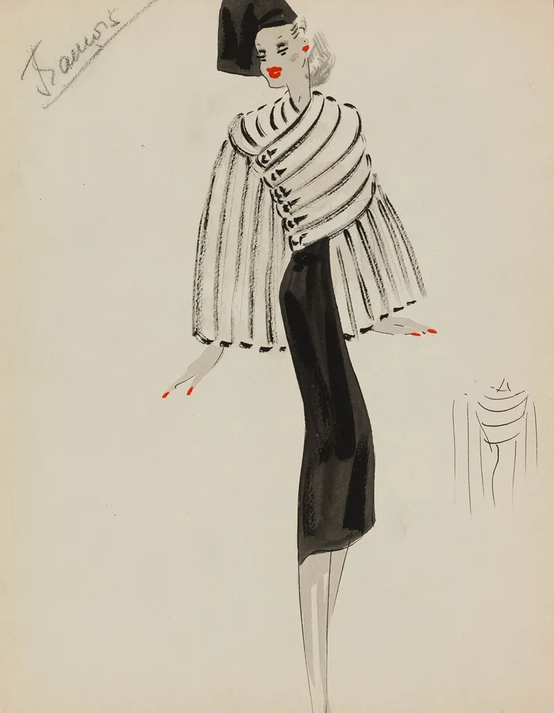 Manteau Court Blanc Travaillee En Bandes Sur Robe Noire Wall Art by M. P. Leven - High-Resolution Digital Print