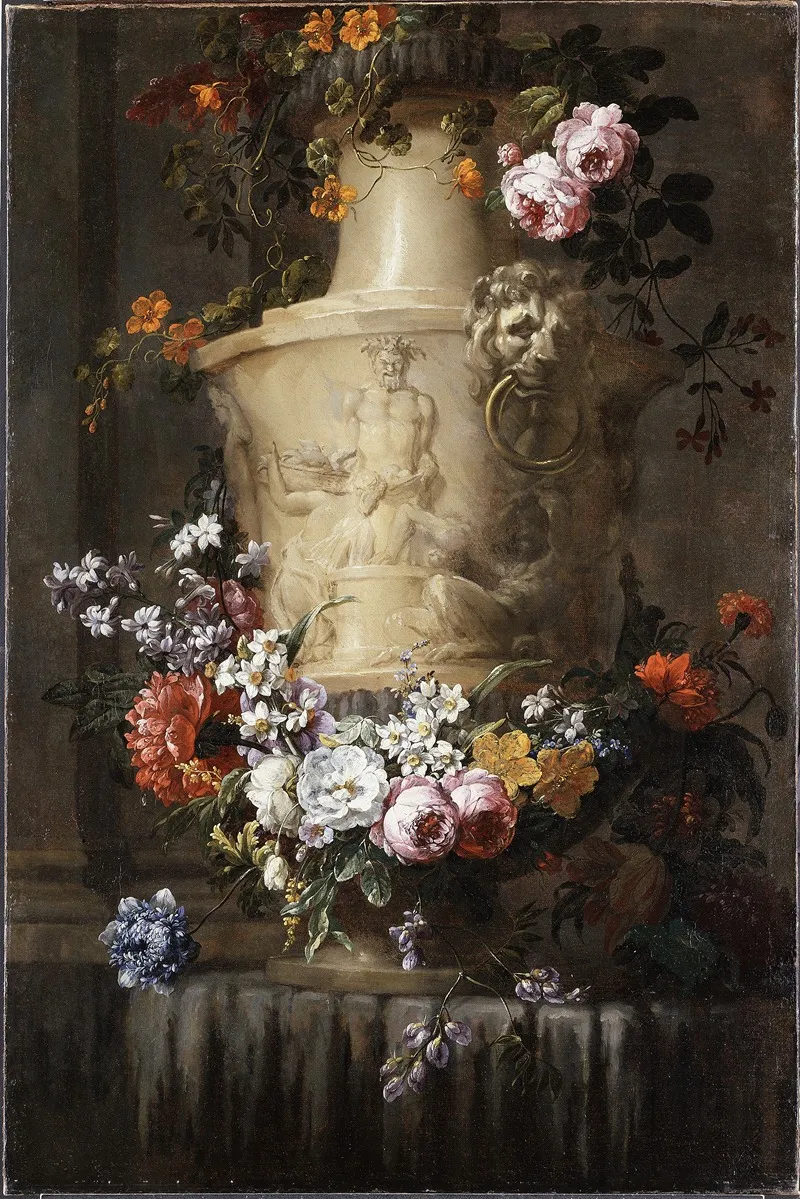 Marble Vase With Garland Of Flowers
