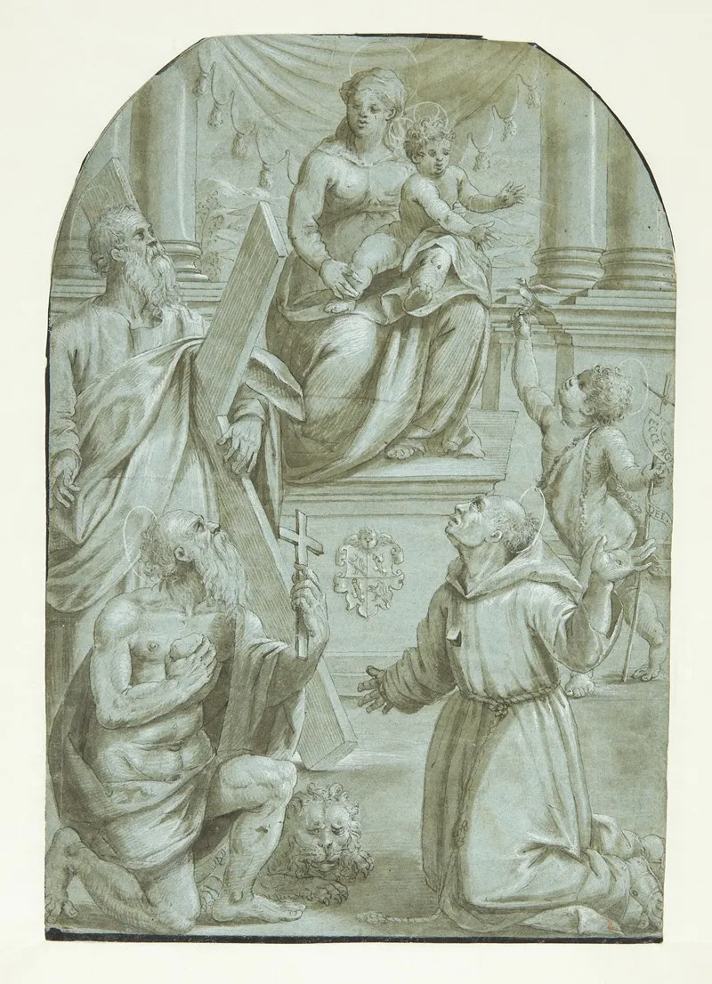 Maria Med Jesusbarnet Tronende Omgivet Af Apostlen Andreas Johannes Doberen Som Barn Den Hellige Jeronimus Og Den Hellige Frans Af Assisi Wall Art by Moretto Da Brescia - High-Resolution Digital Print