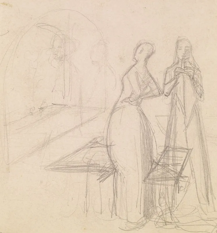 Mariana Figure Sketch And Sketch Of A Woman Folding Cloth Wall Art by Sir John Everett Millais - High-Resolution Digital Print