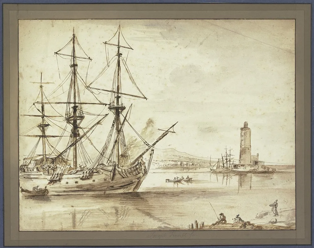 Marine Links Ein Dreimaster Rechts Ein Leuchtturm