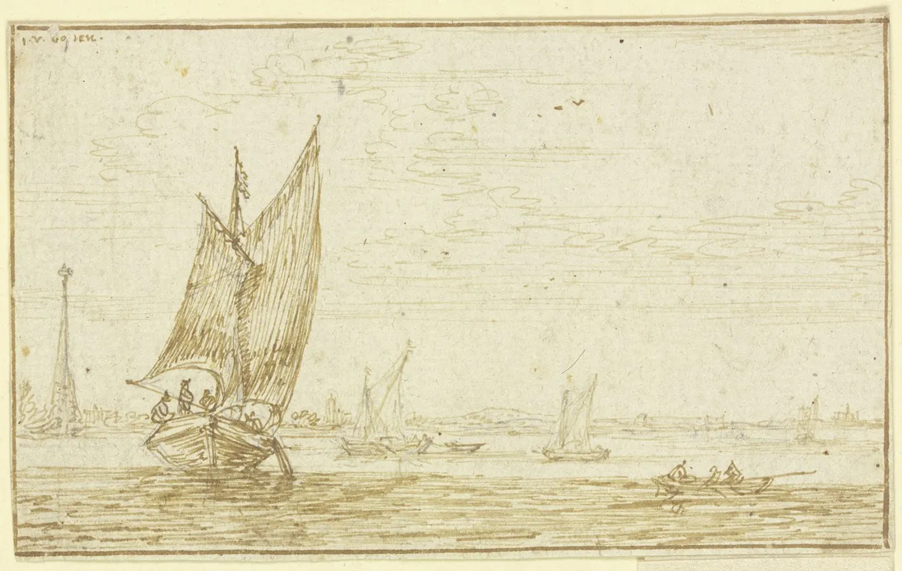 Marine Links Segelt Ein Boot Rechts Ein Ruderboot