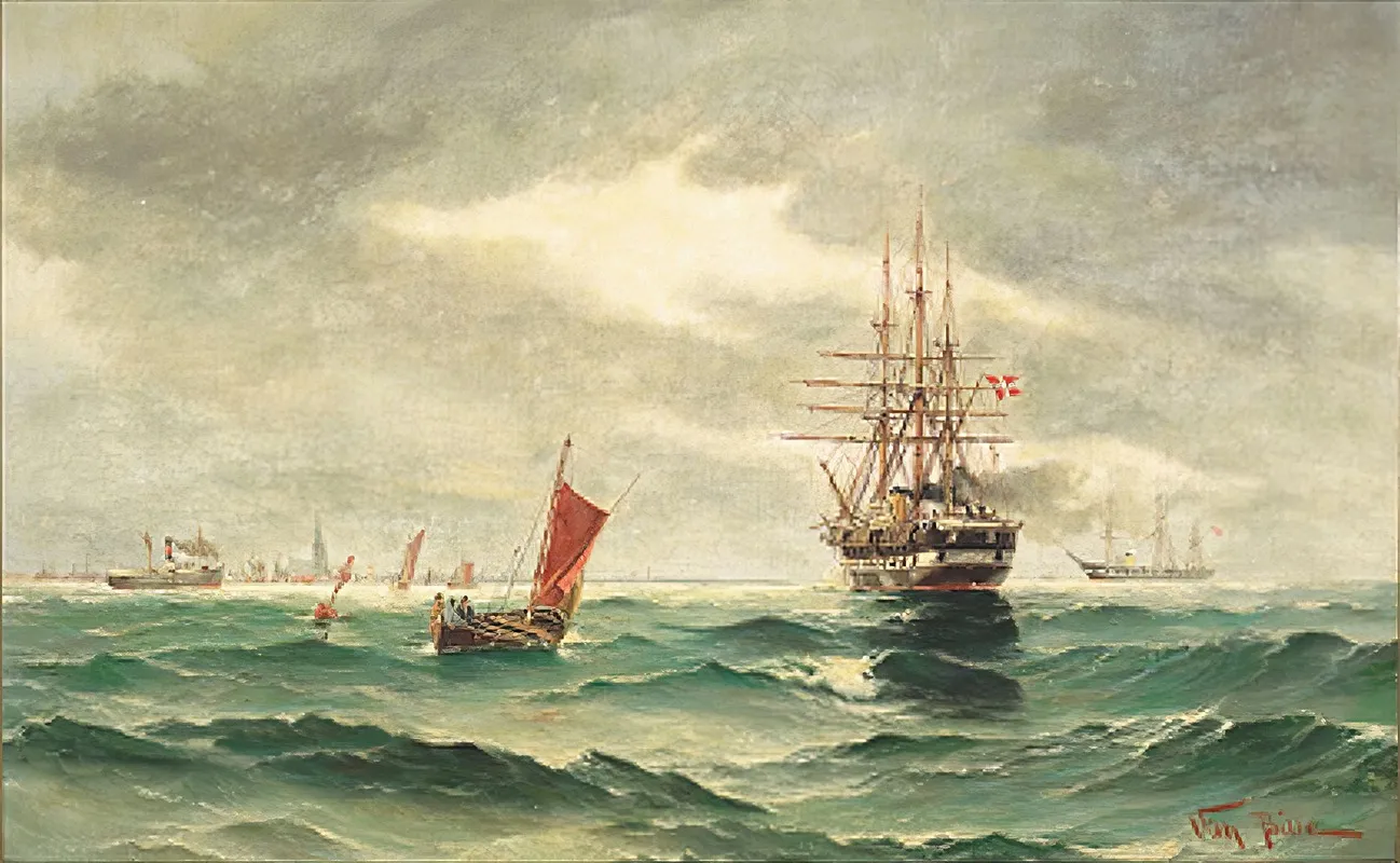 Marine Med Skibe Ud For By Ved Kysten