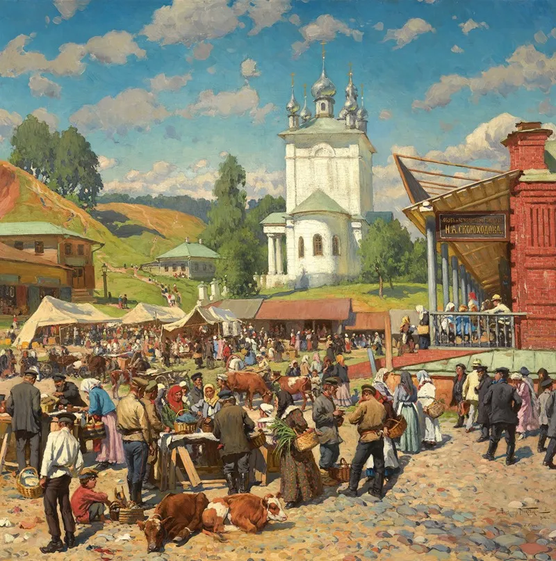 Market Day In Plyos Wall Art by Alexander Vladimirovich Makovsky - High-Resolution Digital Print