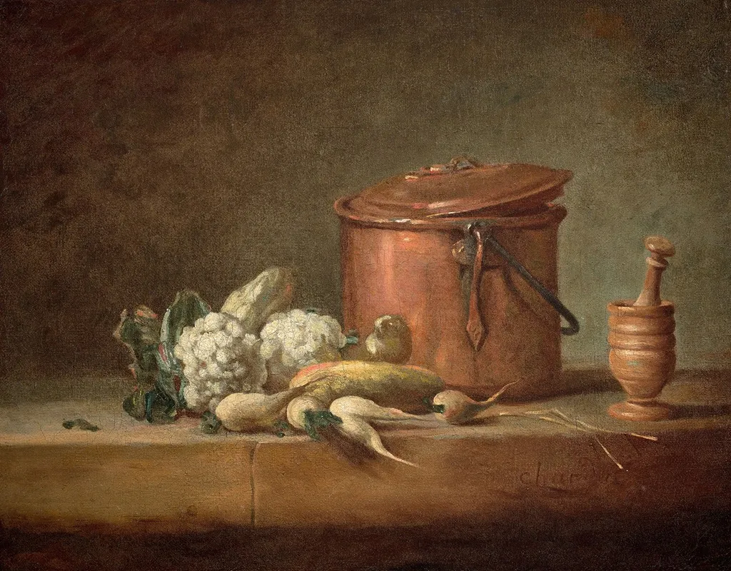 Marmite De Cuivre Choux Fleurs Et Egrugeoir Avec Son Pilon Sur Un Entablement Wall Art by Jean Siméon Chardin - High-Resolution Digital Print