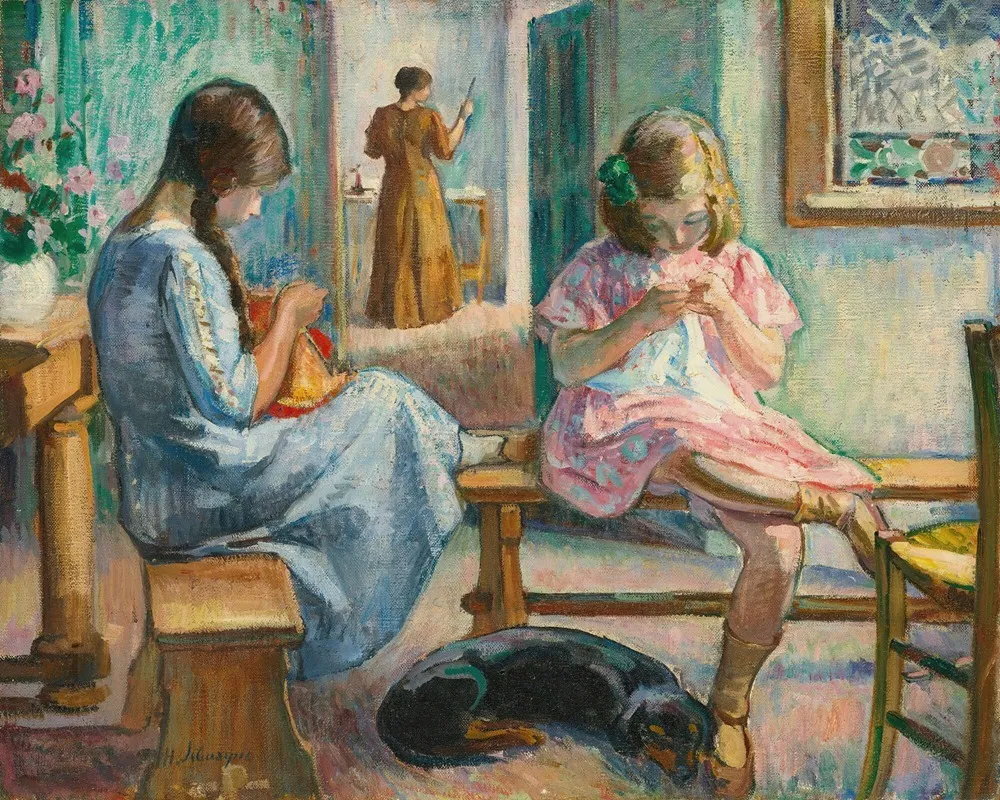 Marthe Et Nono Cousant Dans Un Interieur Wall Art by Henri Lebasque - High-Resolution Digital Print