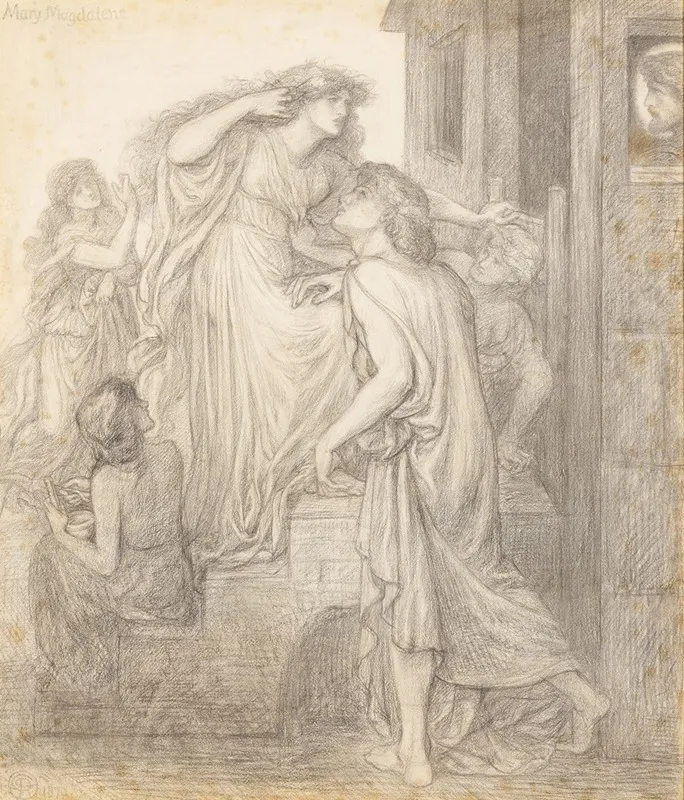 Mary Magdalene At The Door Of Simon The Pharisee Compositional Study Wall Art by Dante Gabriel Rossetti - High-Resolution Digital Print