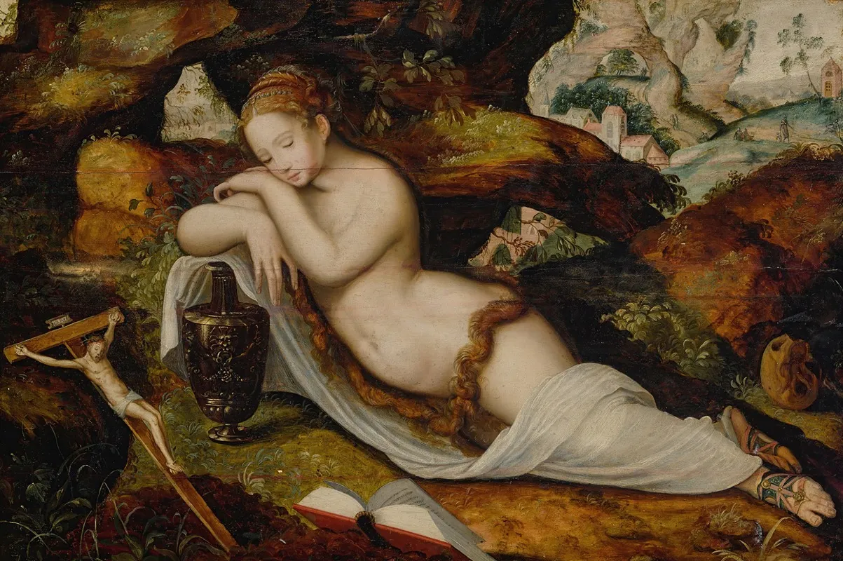 Mary Magdalene Sleeping In A Grotto A Hilly Landscape Beyond Wall Art by Master Of The Prodigal Son - High-Resolution Digital Print
