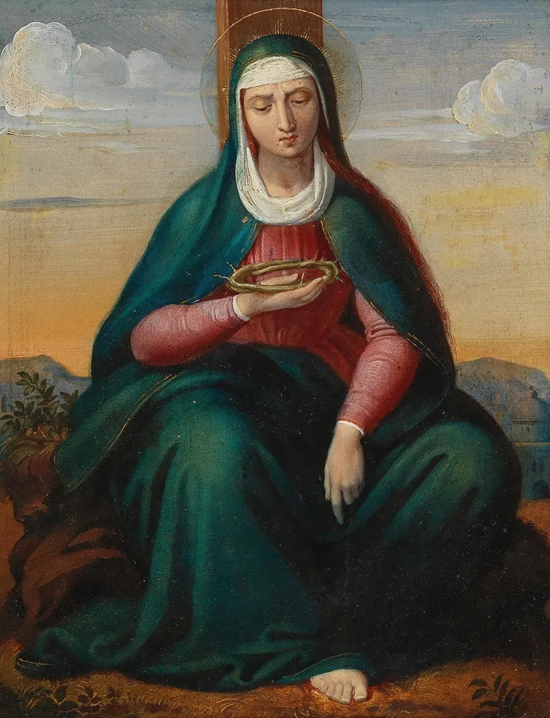 Mary With Crown Of Thorns Before A Landscape Background Wall Art by Circle of Leopold Kupelwieser - High-Resolution Digital Print