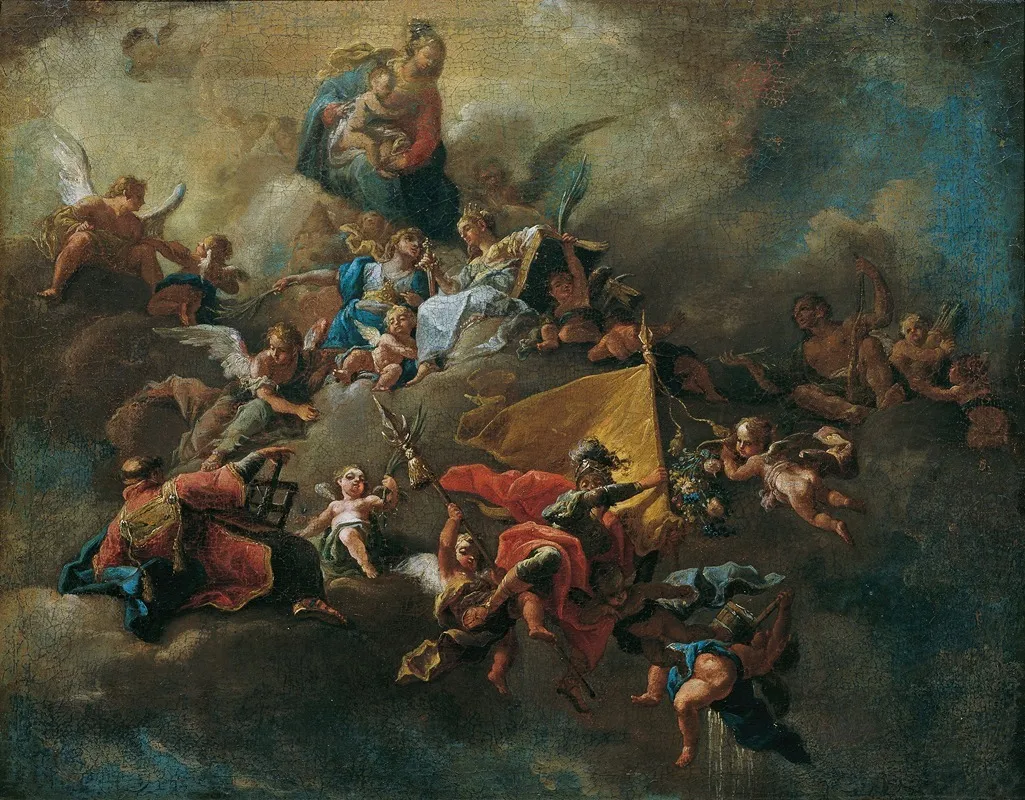 Mary With The Child And Saints Enthroned On Clouds Wall Art by Franz Anton Palko - High-Resolution Digital Print