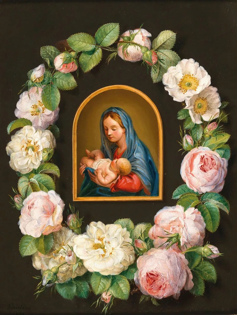 Mary With The Child In A Garland Of Roses Wall Art by Pauline von Koudelka-Schmerling - High-Resolution Digital Print
