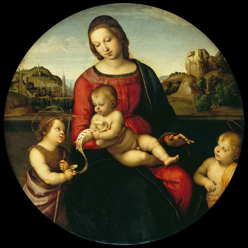 Mary With The Child John The Baptist And A Holy Boy Madonna Terrranuova Wall Art by Raphael - High-Resolution Digital Print