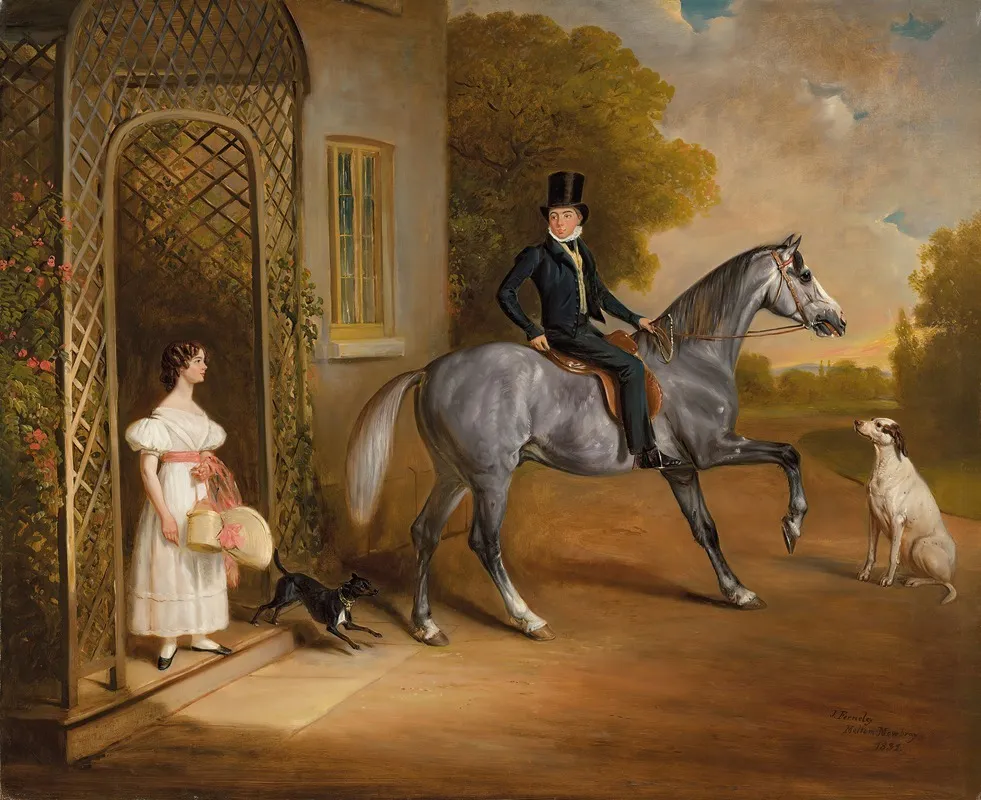 Master John Marriott On A Grey Horse With His Sister Annis And Their Dogs Outside The Elms Cropwell Butler Wall Art by John Ferneley - High-Resolution Digital Print