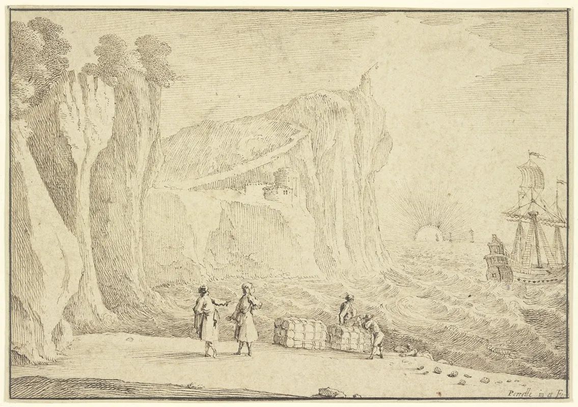 Meeresstrand An Hohen Felsenufern Auf Welchem Ein Leuchtturm Und Ein Schlos Stehen Vorne Funf Personen Und Zwei Warenballen Wall Art by Gabriel Pérelle - High-Resolution Digital Print