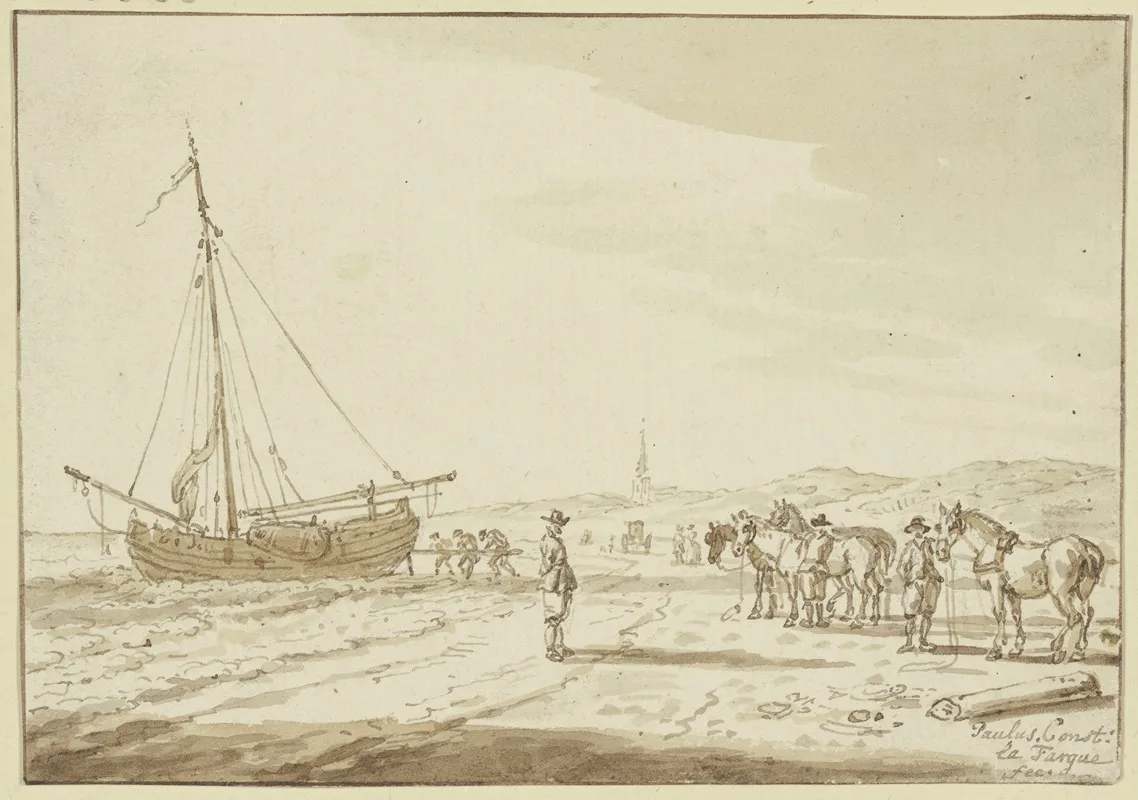 Meeresstrand Pferde Stehen Bereit Ein Schiff Auf Das Land Zu Ziehen Wall Art by Paulus Constantijn la Fargue - High-Resolution Digital Print