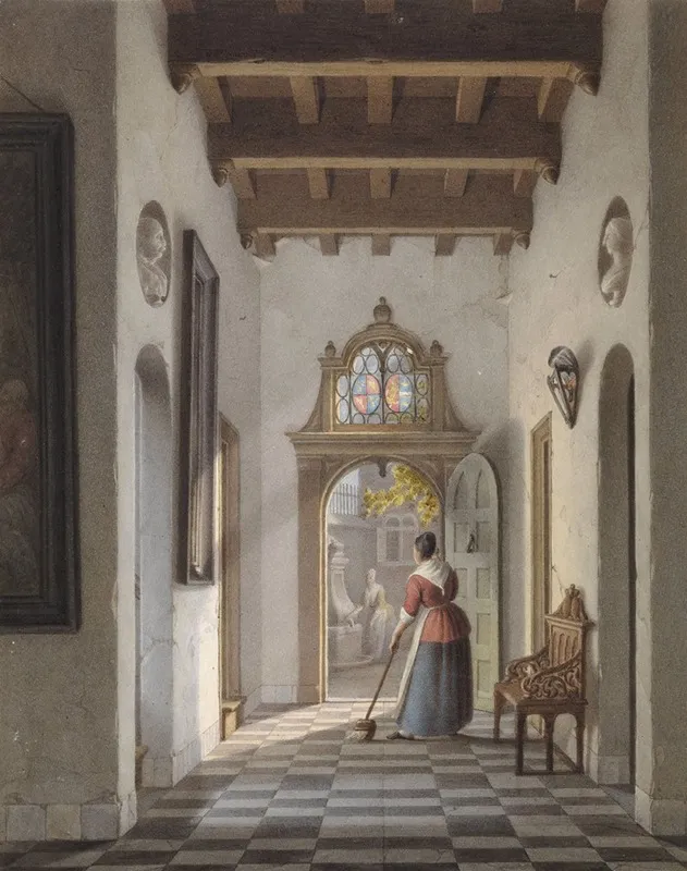 Meid Die De Gang Van Een Huis Veegt Wall Art by Louis Henri de Fontenay - High-Resolution Digital Print