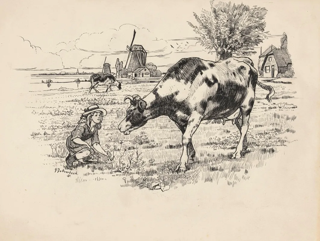 Meisje Bij Een Koe In De Wei Wall Art by Gijsbertus Johannes van Overbeek - High-Resolution Digital Print