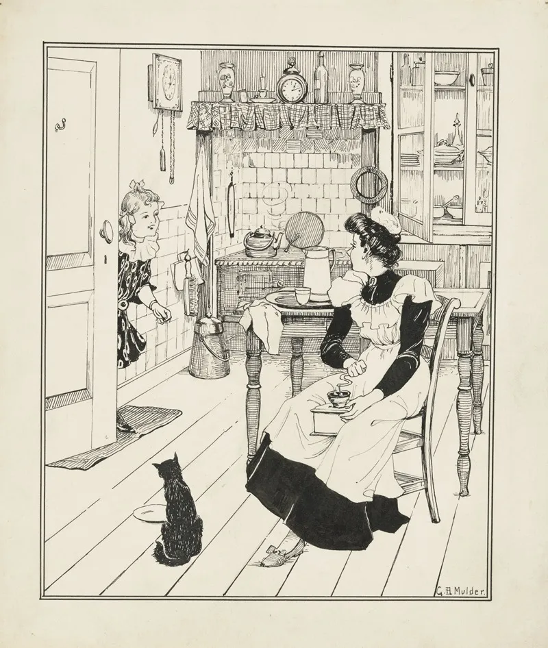 Meisje En Een Dienstmeid In Een Keuken Wall Art by Gillis Bernhard Mulder - High-Resolution Digital Print