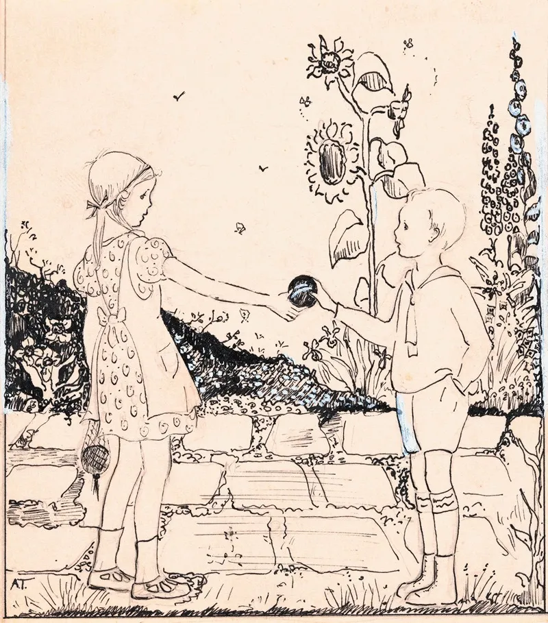 Meisje Geeft Bal Aan Jongen Wall Art by A. Tinbergen - High-Resolution Digital Print