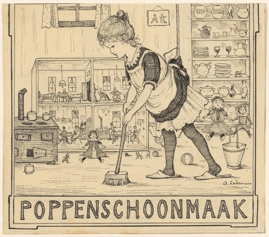 Meisje Met Bezem Bij Een Poppenhuis