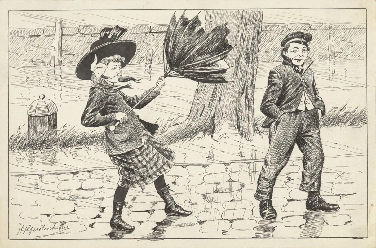 Meisje Met Omgeklapte Paraplu In Een Stormwind Wall Art by Johan Georg Gerstenhauer Zimmerman - High-Resolution Digital Print