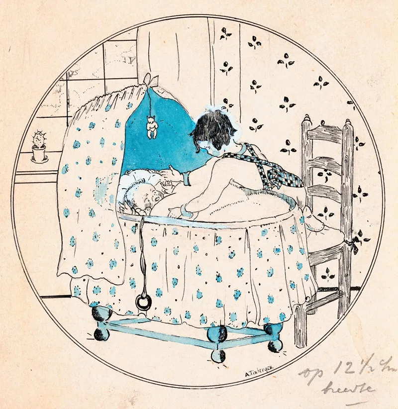 Meisje Wil Baby Uit Wieg Tillen Wall Art by A. Tinbergen - High-Resolution Digital Print