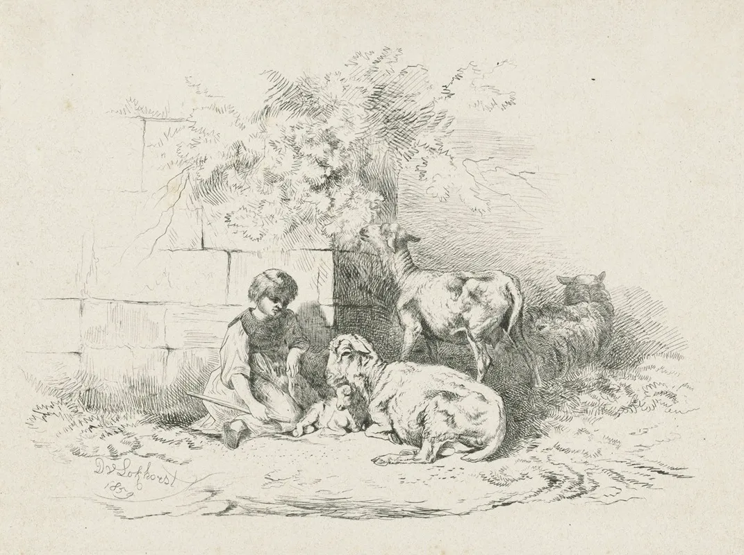 Meisje Zittend Bij Schapen Wall Art by Dirk Van Lokhorst - High-Resolution Digital Print