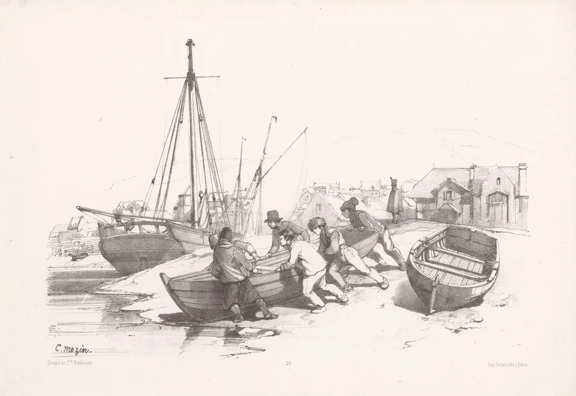 Men Push Rowboat From Land To Water Wall Art by Charles-Louis Mozin - High-Resolution Digital Print