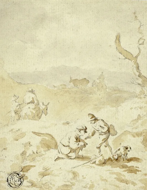 Men Traveling Through Hills With Mules Packs And Dog Wall Art by Circle of Herman Saftleven III - High-Resolution Digital Print