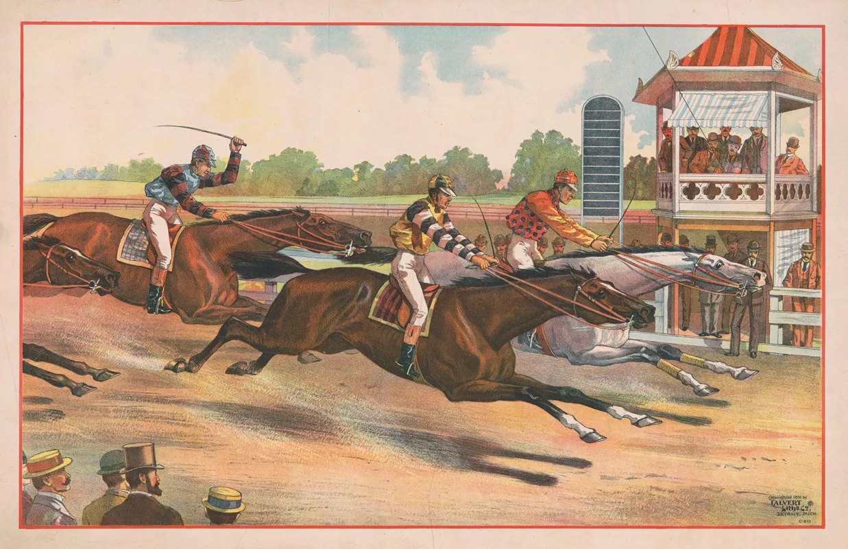 Men Watching The Finish Of Horse Race For Winner Wall Art by Calvert Litho. Co - High-Resolution Digital Print
