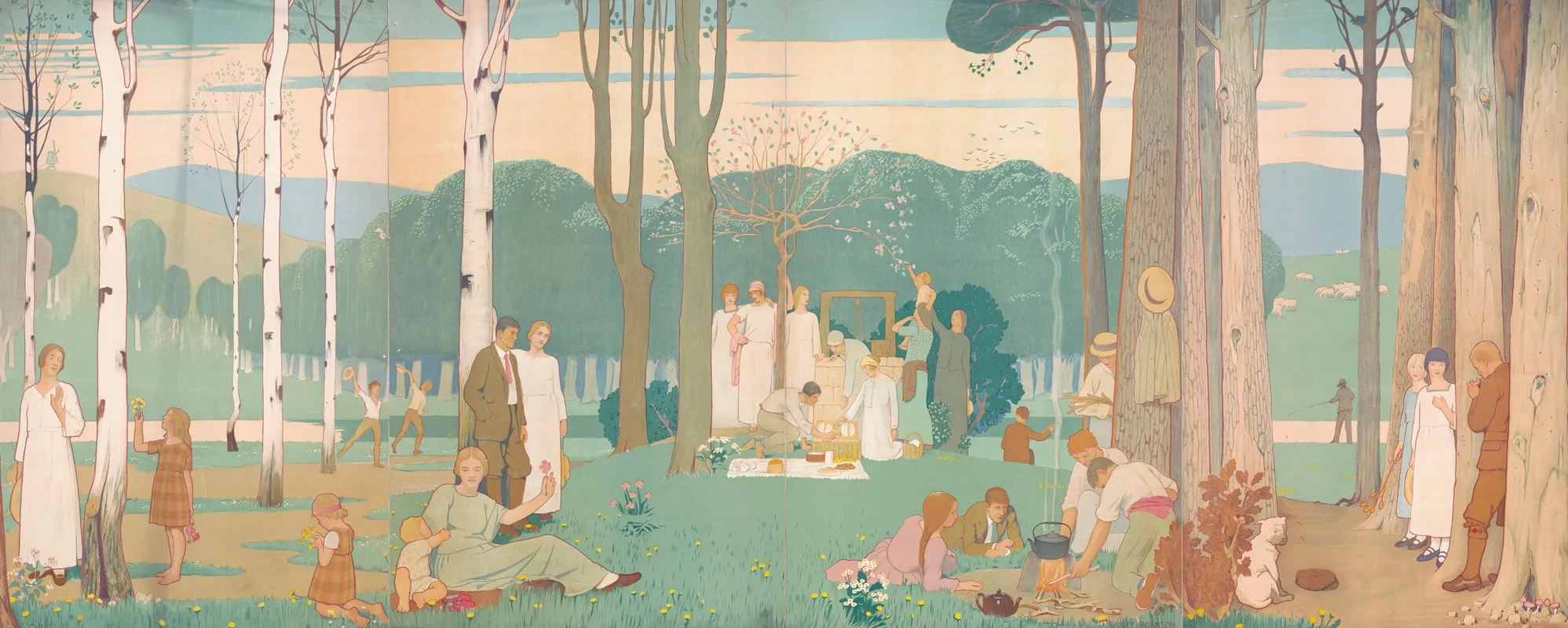 Men Women And Children At A Picnic In The Park Wall Art by Frederick Cayley Robinson - High-Resolution Digital Print