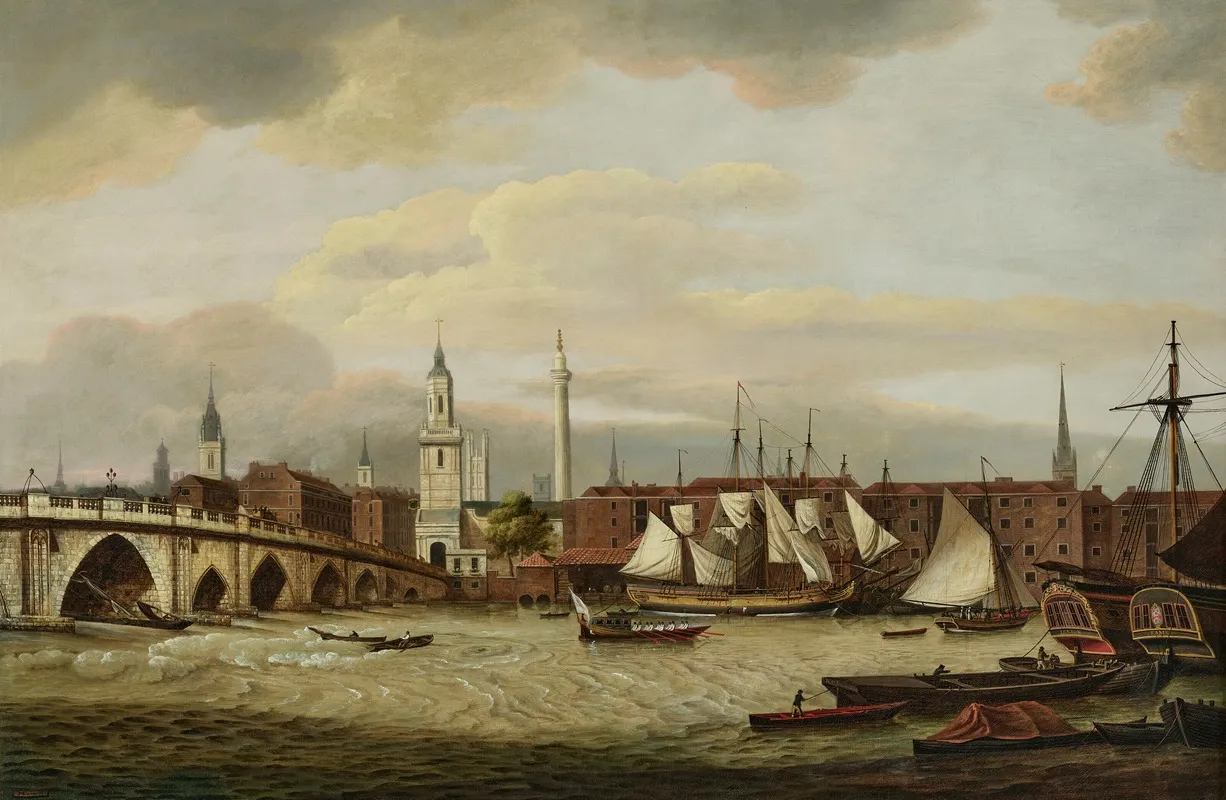 Merchant Shipping At The Wharfside Below Old London Bridge With The Church Of St Magnus The Martyr And Wrens Monument