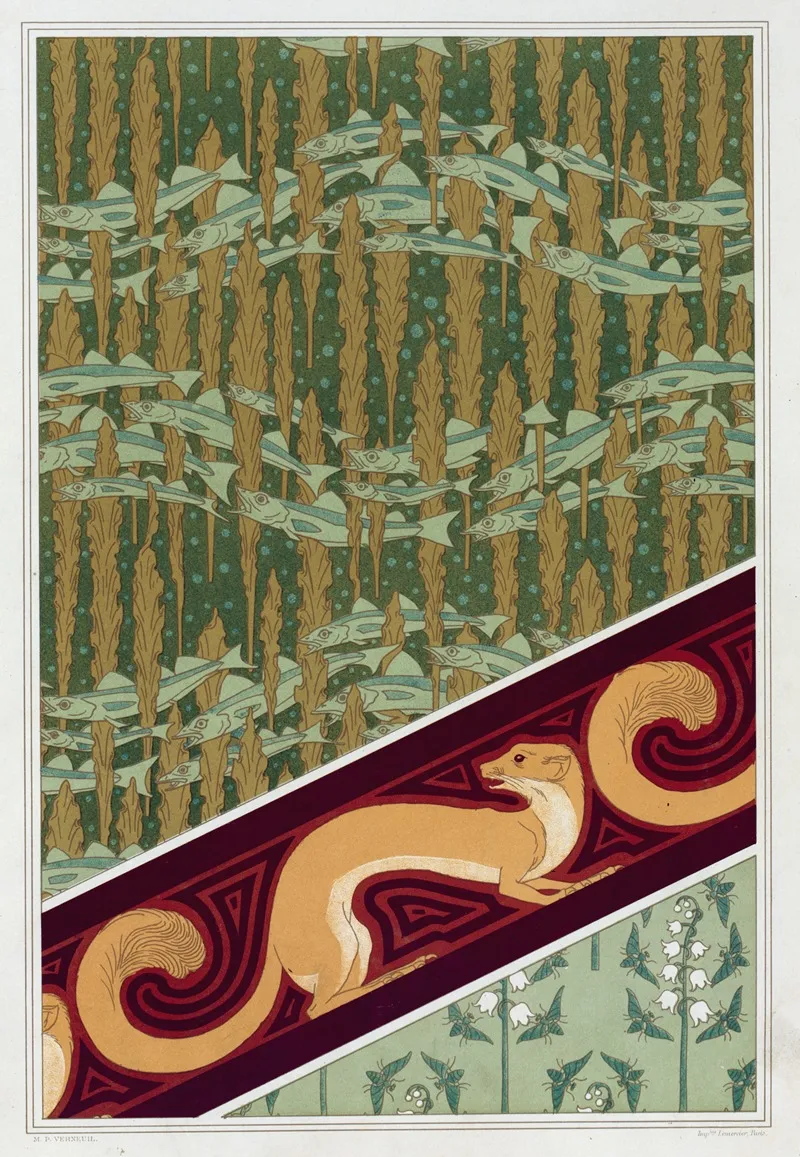 Merlans Et Algues Papier Peint Mouches Et Muguet Etoffe De Soie Hermine Vulgaire Bordure
