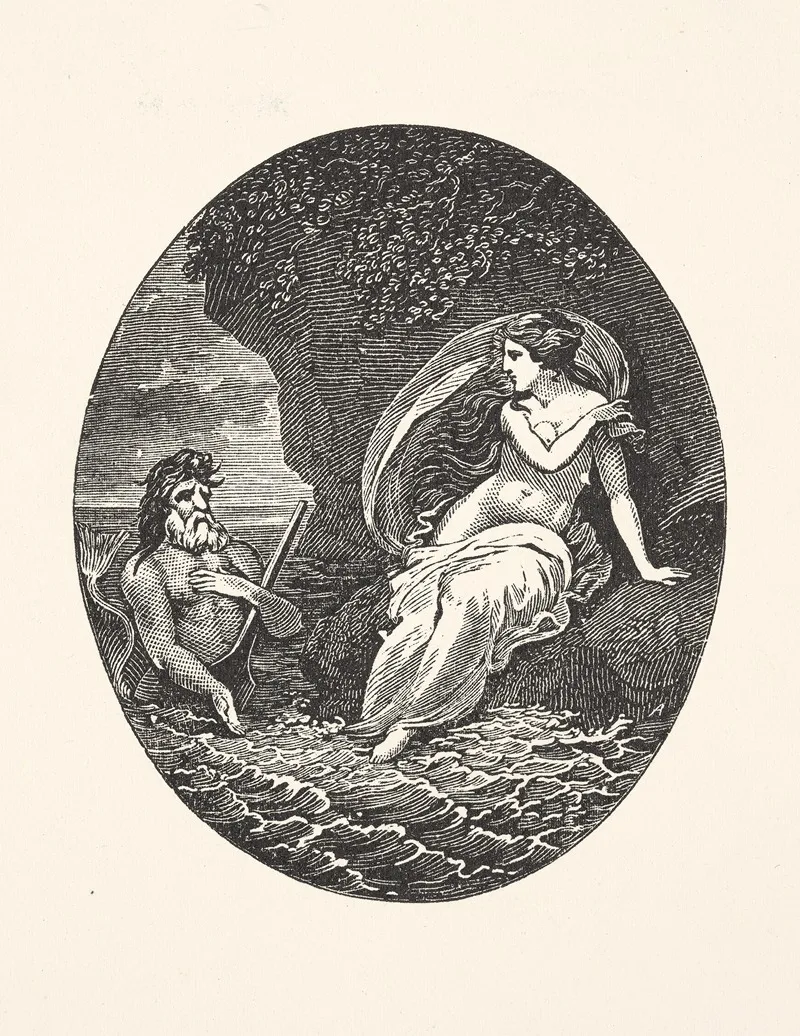 Merman Near Woman Seated On A Rock