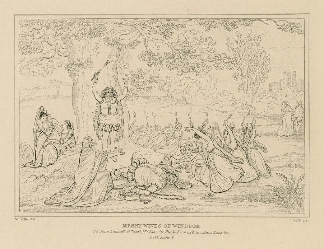Merry Wives Of Windsor Act V Scene V Windsor Park Falstaff Disguised With A Bucks Head On C Robt Wall Art by William Francis Starling - High-Resolution Digital Print