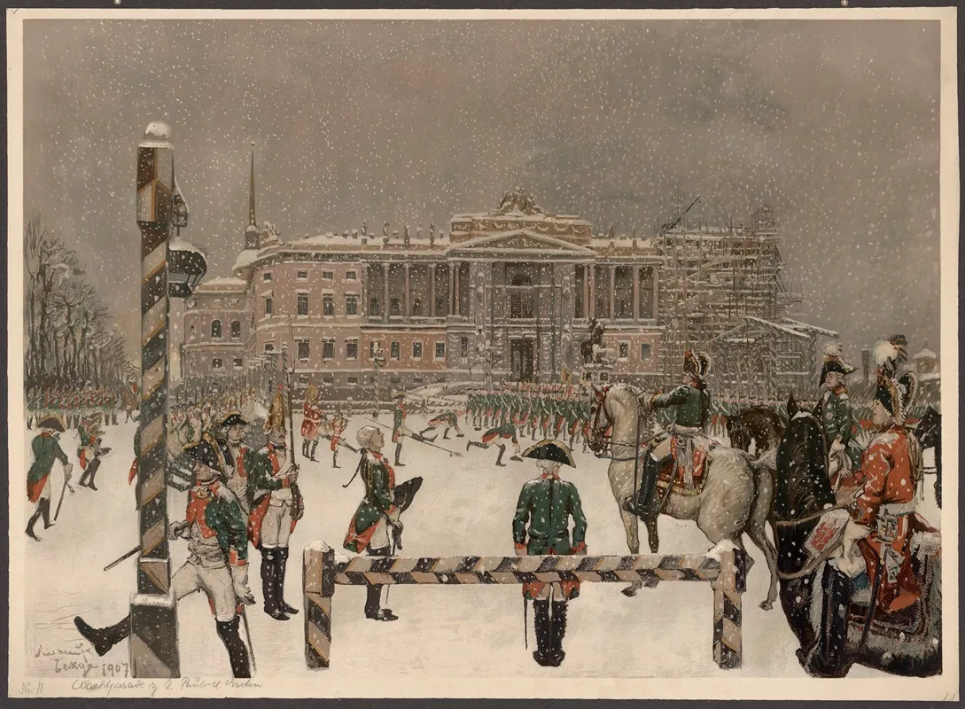 Military Parade Of Emperor Paul In Front Of Mikhailovsky Castle Wall Art by Alexandre Benois - High-Resolution Digital Print