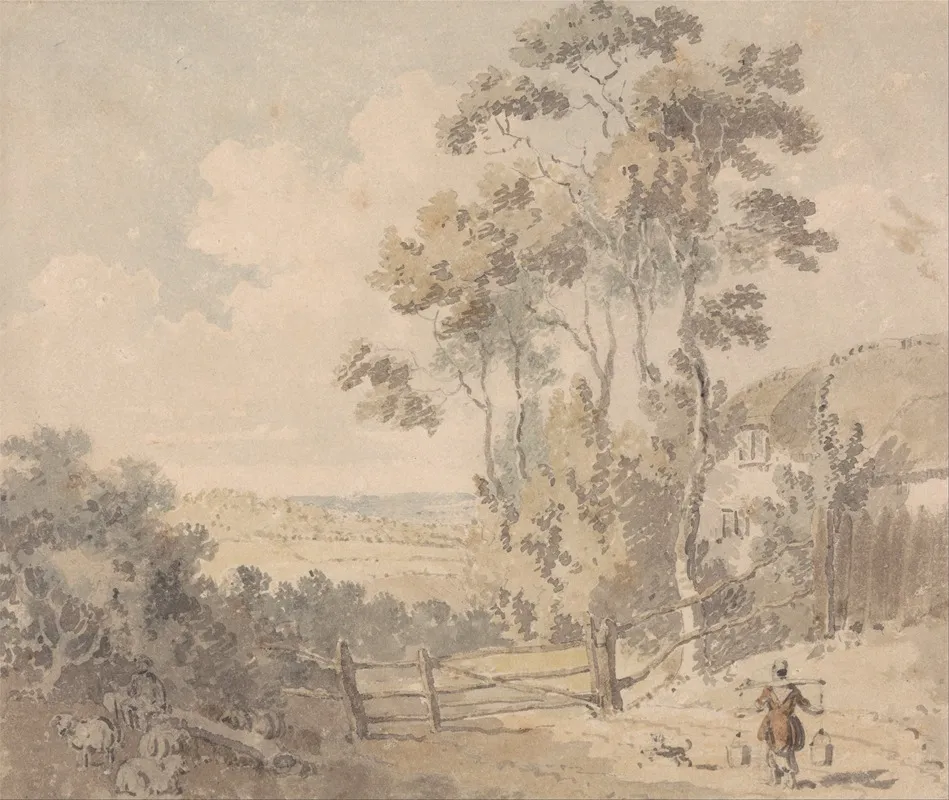 Milkmaid And Dog In A Landscape Wall Art by Edward Dayes - High-Resolution Digital Print