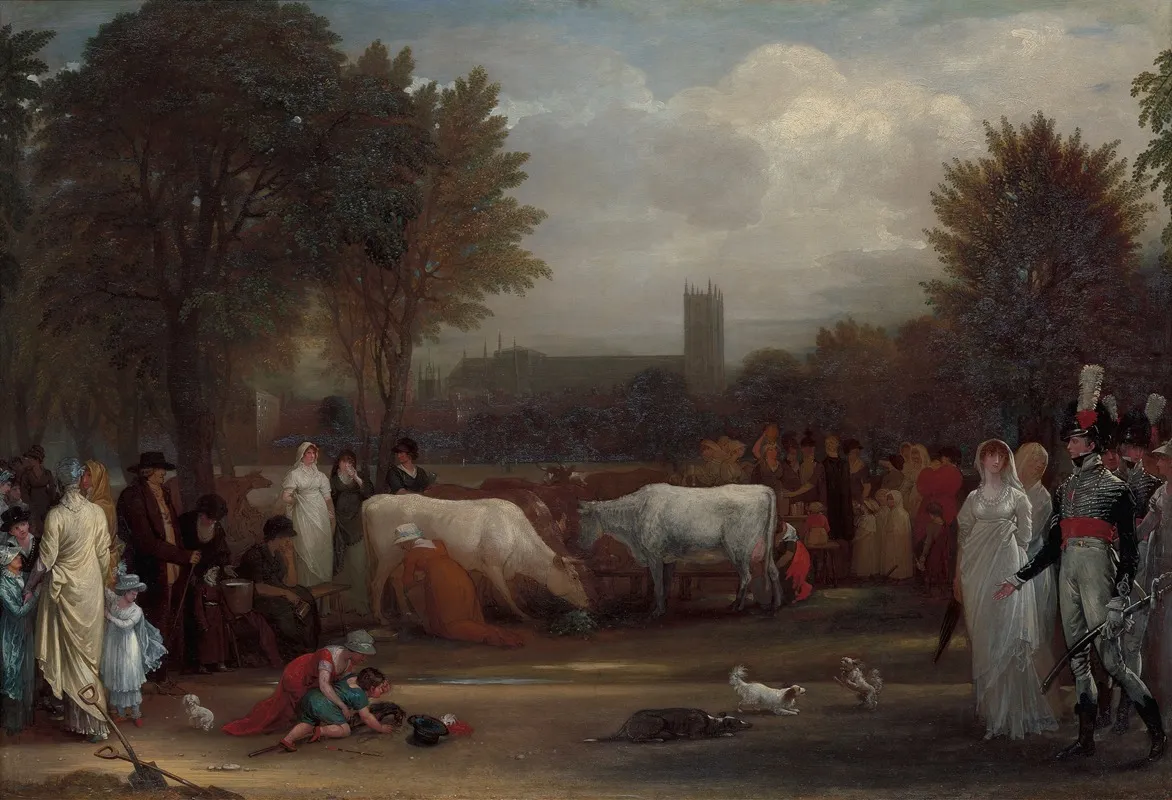 Milkmaids In St Jamess Park Westminster Abbey Beyond Wall Art by Benjamin West - High-Resolution Digital Print