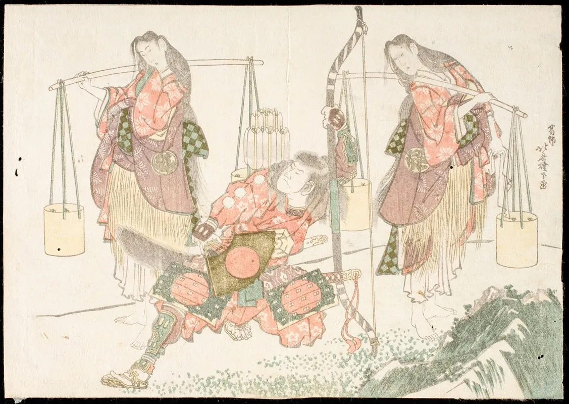 Minamoto No Tametomo And Two Salt Gatherers Wall Art by Katsushika Hokusai - High-Resolution Digital Print