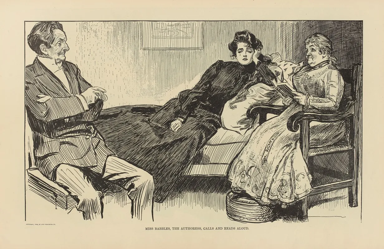 Miss Babbles The Authoress Calls And Reads Aloud Wall Art by Charles Dana Gibson - High-Resolution Digital Print