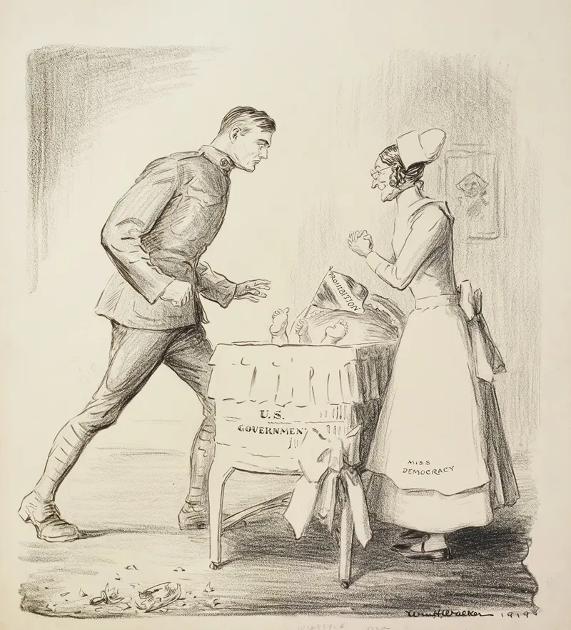 Miss Democracy Depicted As A Nurse Tends To A Baby Representing Prohibition In A Crib Representing The United States Government