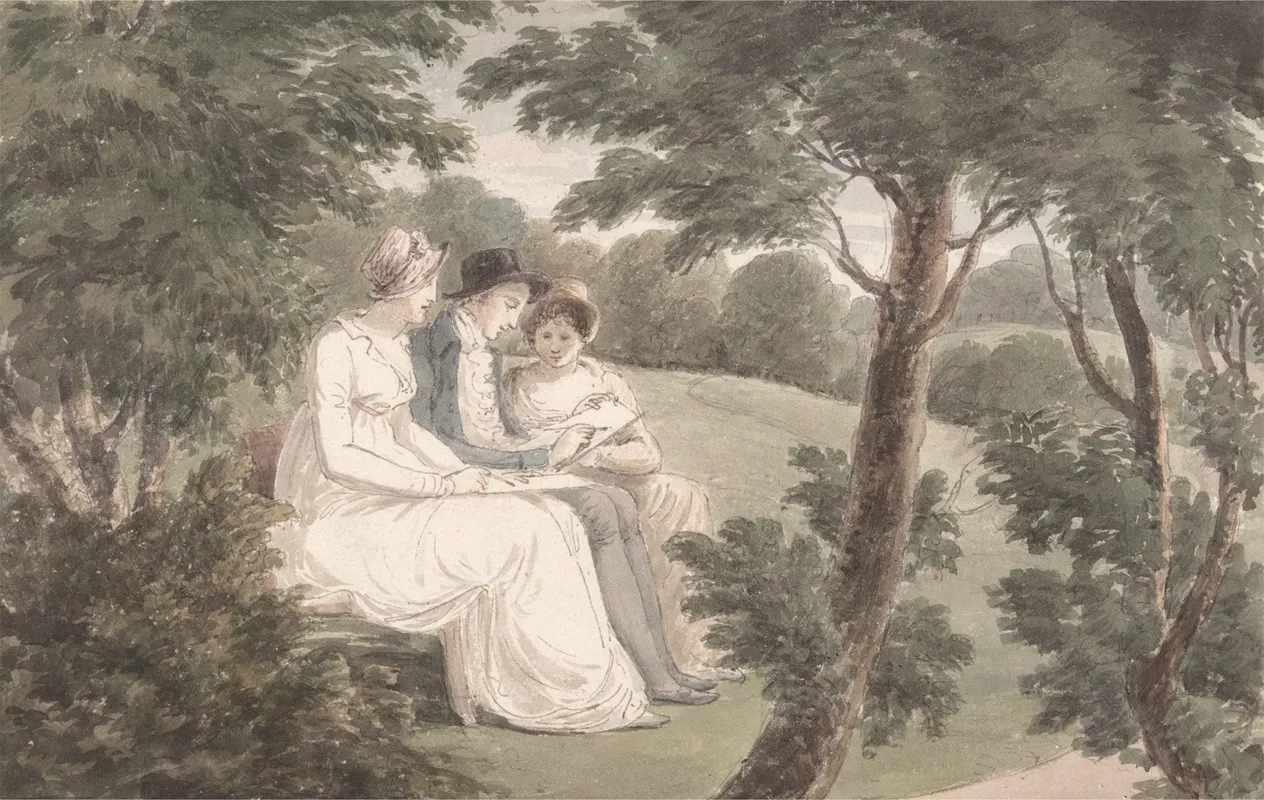 Miss Templeton Mr Holworthy And Miss Crewe Sketching In A Wooded Landscape Wall Art by James Holworthy - High-Resolution Digital Print