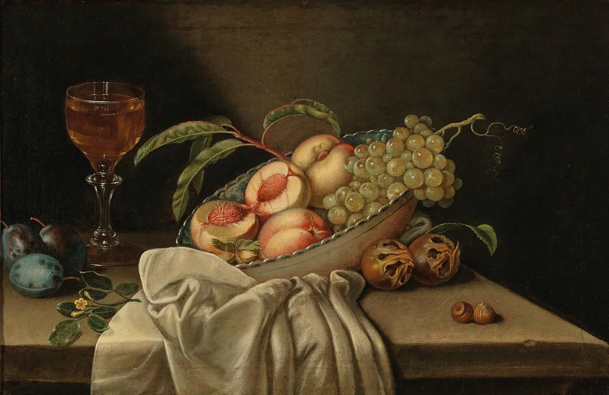 Mixed Fruit In A Bowl A Glass Of Wine And A Cloth On A Table Wall Art by Jakob Samuel Beck - High-Resolution Digital Print