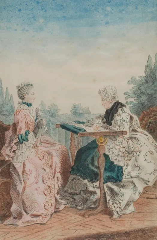 Mme Laleu A Son Metier A Tapisserie Et Mlle Melin Travaillant Dans Un Jardin