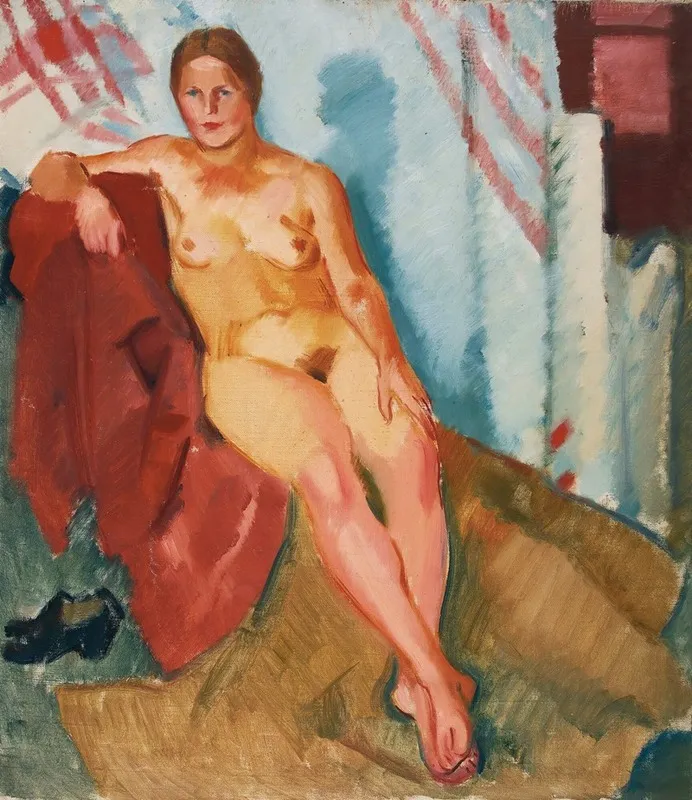 Model On A Red Textile Wall Art by Nikolai Andreevich Tyrsa - High-Resolution Digital Print