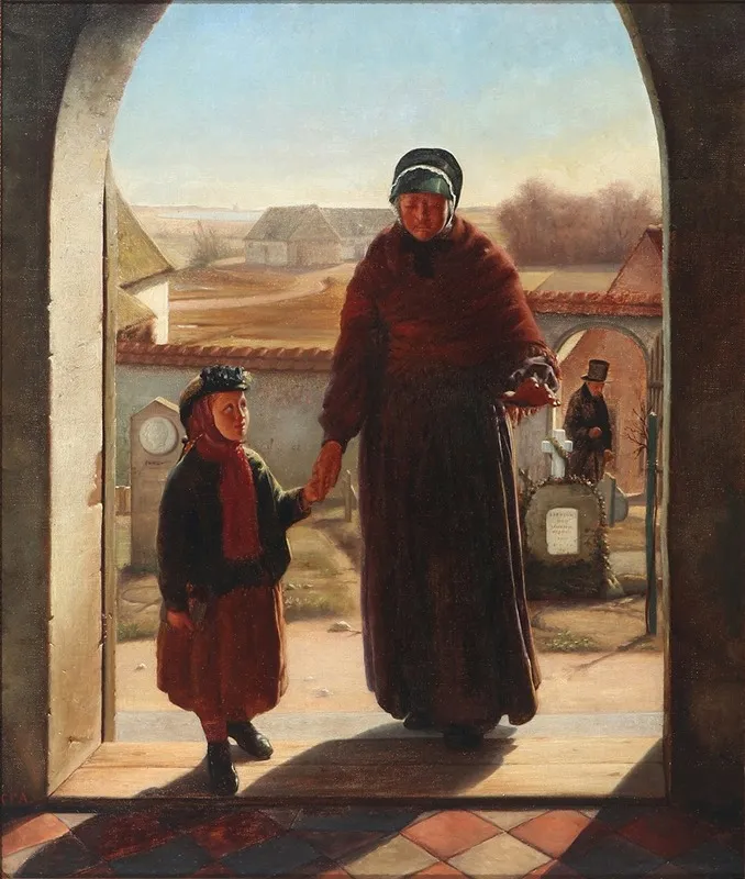 Moder Og Barn Ved Indgangen Til Kirken Wall Art by Carl Ferdinand Andersen - High-Resolution Digital Print