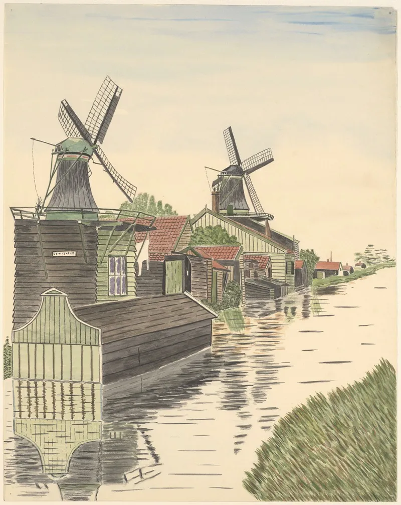 Molens Speelmolentje De Windhond Met Boothuis En Mosterdmolen De Huisman Wall Art by Johannes Nicolaas Eijman - High-Resolution Digital Print