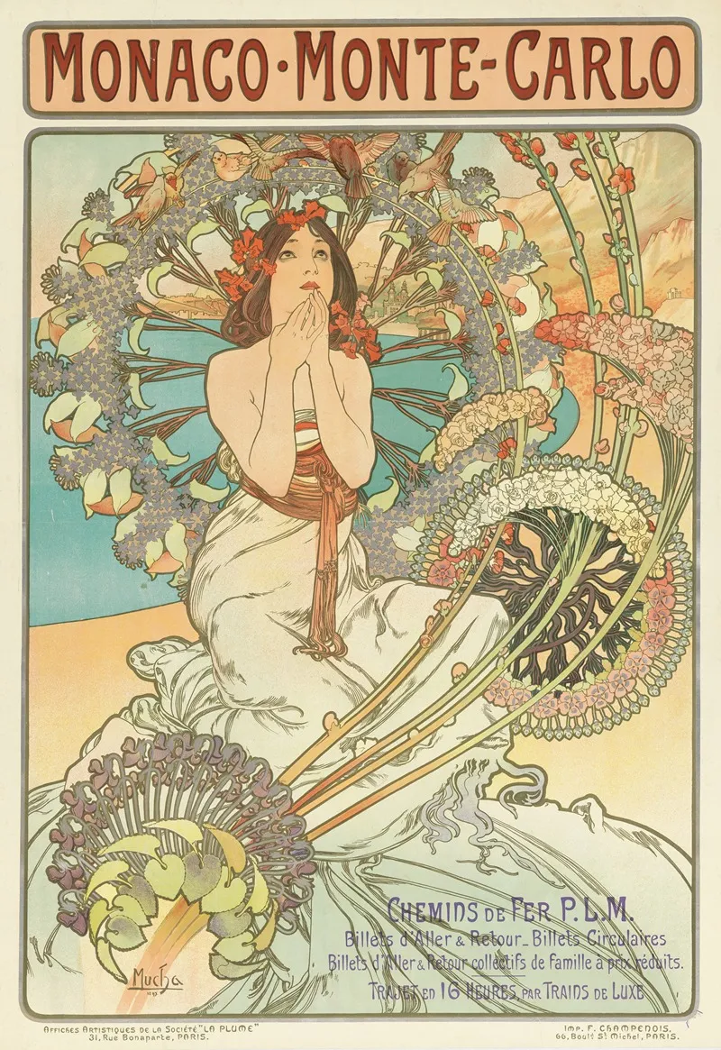 Monaco Monte Carlo Chemins De Fer P L M Wall Art by Alphonse Mucha - High-Resolution Digital Print