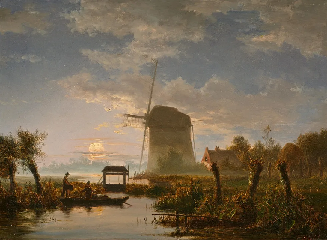 Mondbeschienene Flusslandschaft Mit Einer Windmuhle Und Einer Schleuse Wall Art by Jacobus Theodorus Abels - High-Resolution Digital Print